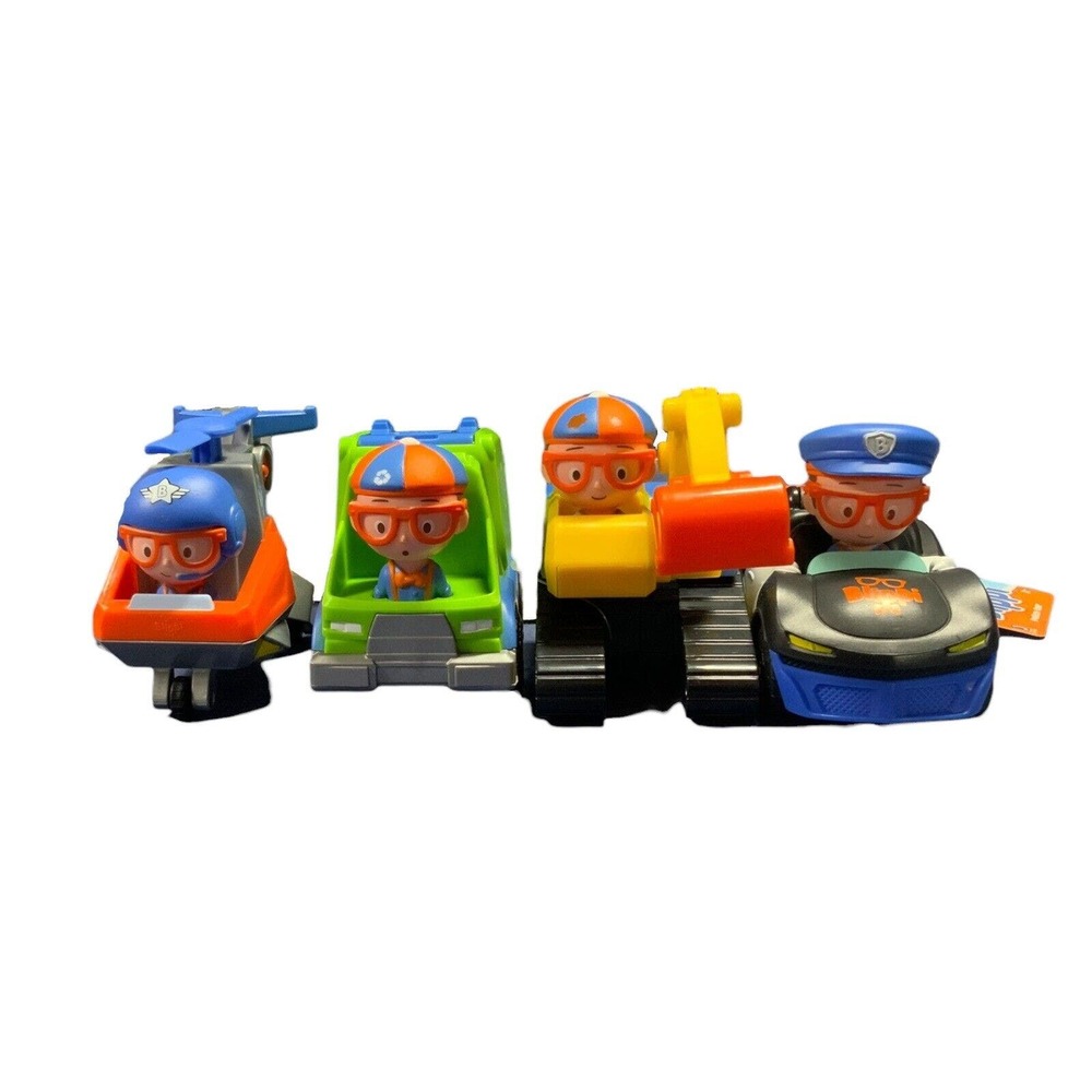 Blippi Vehicle Toys Lot Of 4 Garbage Truck, Police Car, Helicopter, Excavator